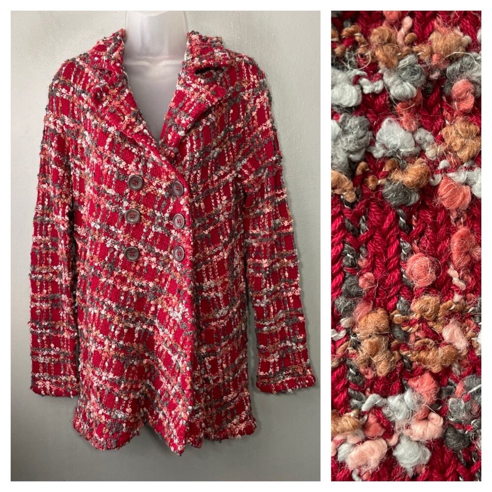 Textured Sweater Coat Size S Red Colorful Boucle Tweed Artsy Lagenlook Dopamine